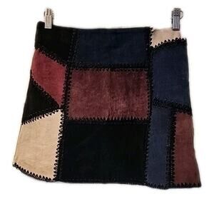 Zara Women’s Patchwork Suede Leather Multicolored 70s Style Skirt S Boho Retro